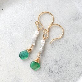 スライスカットエメラルドと原石ダイヤ＆淡水パールのピアス・イヤリング変更可