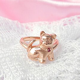 ピンクゴールド仕上：天然ルビー・子犬リング（シルバー）＊あなたの誕生石もセットできます。