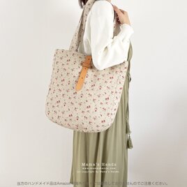 《リネンに咲く薔薇》ナチュラル 花柄 赤 小花 北欧  革 (中) 軽い A4 トートバック