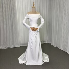 ウエディングドレス オフショルダー 取り外し袖 長袖 マーメイドライン ロイヤルサテン 大人っぽい 拳式/前撮り