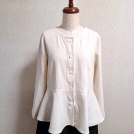 コットンリネン　ペプラムジャケット　アイボリー　白　綿麻　ノーカラージャケット　Lサイズ
