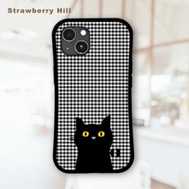 黒猫 ギンガムチェック 耐衝撃 グリップケース iPhoneケース