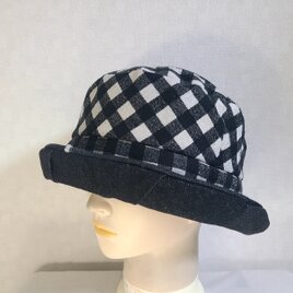 魅せる☆異素材が楽しい♪先染めコットンチェックとブラックデニムのバイカラークロッシュ～ブラック