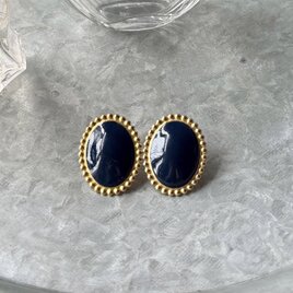 P756-ヴィンテージピアス U.S.A. 1980-90's Navy Enamel Oval Gold Tone
