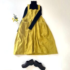 春待ちミモザ**イエローフレンチリネン・"前後２way・大きなギャザーポケット・エプロンワンピース
