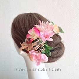 プルメリアとオーキッドの髪飾り　リゾ婚　ピンク　オレンジ　髪飾り　オレンジ　ウェディング　結婚式　浴衣　ヘッドドレス　花嫁ヘア