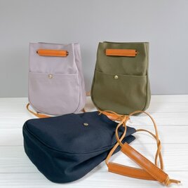 倉敷帆布　栃木レザー　2way　しずく型　巾着　ショルダーバッグ　　　軽量　自立　ブラック　カーキ　くすみパープル