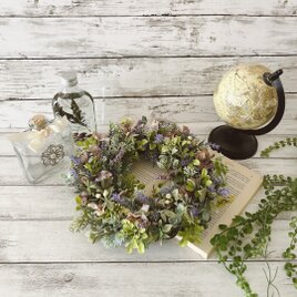 ラベンダーとアナベルのナチュラルリース　大人の安らぎ　インテリア雑貨　玄関リース　アーティフィッシャルフラワー