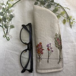 ハンドメイド♡メガネケース♡リネンドライフラワーハーブ柄♡♡普通タイプイプルヌビ