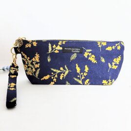 ミモザの花　持ち手付きペンケース（ネイビー)のコピー