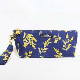ミモザの花　持ち手付きペンケース（ネイビー)