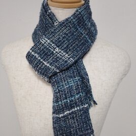 手織り・ふんわりマフラー(藍×白)