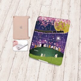 手帳型iPadケース【バックカバー：ソフトタイプ】片面印刷/カメラ穴有【ほのぼのにゃんこ（さくら銀河鉄道ミッドナイト）】