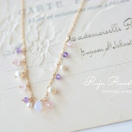 SALE)14kgfスコロライト(ラベンダークォーツ・ドロップカット)×ピンクアメジスト×ローズクォーツのネックレスのコピー