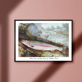 【渓流と虹鱒】レインボートラウト ビンテージ ルアーフィッシング 釣り アウトドア ガレージ 雑貨 A4アートポスター