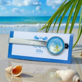 爽やかマリンのネクタイピン　スカイブルー×ホワイト　シルバー金具