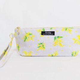 ミモザの花 持ち手付きペンケース(グレー)