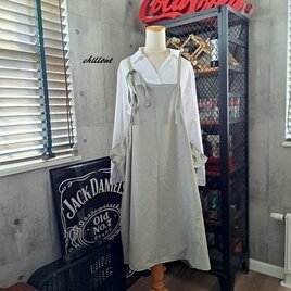 【背中がかわいい】マキシ：エプロンドレス：コットン：ピスタチオ【0973】