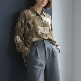オープンカラー　シャツ【送料込み】着物リメイク　カーキ