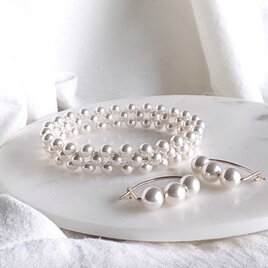 bliss & Pearl trio 14kgf キャッチレスピアス　パールブレスレット セット　