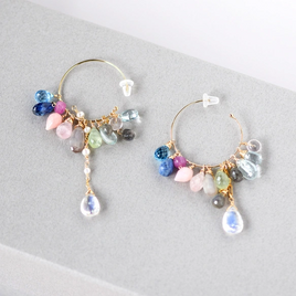 蒼と薔薇色の余韻 ―スイスブルートパーズxレインボームーンストン多彩石フープピアス14kgf