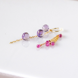 K10YGフープイヤリング+ ピンクサファイア＆ピンクアメジスト2チャームセット