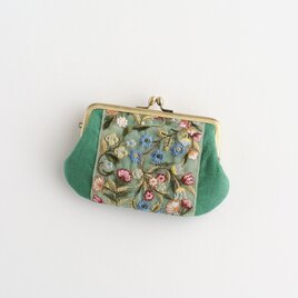 インド刺繍リボンのがま口ミニ財布/ポーチ　グリーン