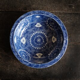 線描き状の絵付け◆青で素敵。時代物　花文印判大鉢　碗　骨董/antiques　古道具　明治期