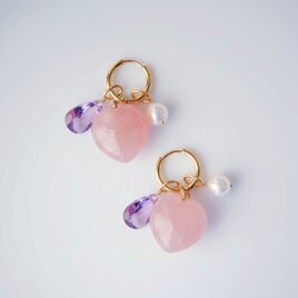 イヤリング可★大粒ぷっくり★ハートローズクォーツとアメジストのピアス・サージカルステンレスピアス　～アフロディーテ