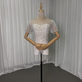 トップス 短袖 シークインチュール パール ハンドメイド 編み上げ 結婚式/ウェディングドレス