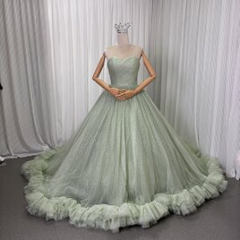 カラードレス ミントグリーン キラキラチュール ベアトップ フレアスカート ラッフルフリル 編み上げ 花嫁
