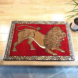 ペルシャ ライオン　ギャッベ　オールドギャッベ　ラグ　90x60cm　レッド　ブラウン　PS10373