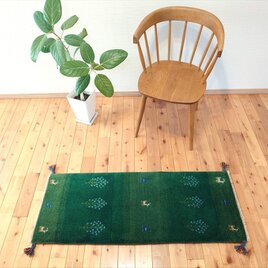 ペルシャ　ギャッベ ミニランナー　ラグ　118x45cm 緑色　生命の木　水色の花　RJ16281