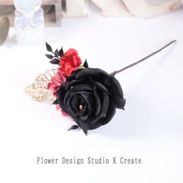 黒い薔薇と赤いカーネーションと紫陽花の髪飾り（シングルワイヤー仕様）　ヘッドドレス　フラメンコ　フローレス　ブラック　黒い薔薇　