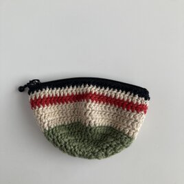 WOOL!かぎ針編みのポーチ*若草色×赤×きなり*ラウンド