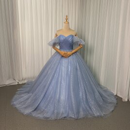 カラードレス ブルー オフショルダー キラキラチュール プリンセスライン ロングトレーン 花嫁 前撮り