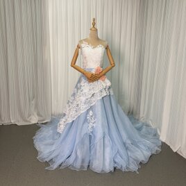 カラードレス ブルー ベアトップ 魅惑の花レース 優雅なシルエット デザイン感 ロングトレーン 演奏会/音楽会