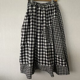 チェック切替えかぼちゃパンツ　黒白1点物Ｆ