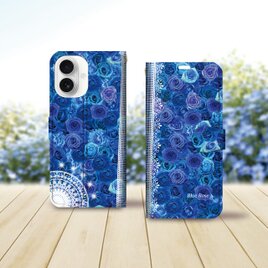 iPhone専用 手帳型スマホケース （カメラ穴あり/はめ込み式/スタンド機能付き）【ブルーローズⅥ】