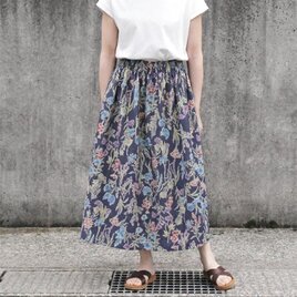 ★新作 上質・綿麻生地 水彩画風 ボタニカル・ガーデン ギャザースカート（ネイビー）リネン 麻 ロング マキシ ポケット