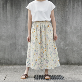 ★新作 上質・綿麻生地 水彩画風 ボタニカル・ガーデン ギャザースカート（ナチュラル）リネン 麻 ロング マキシ ポケット