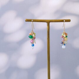 14KGF カラフル天然石のチェーンピアス イヤリング マルチカラー