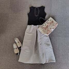 ★丈85㎝まで★リネン100%★ギャザースカート★ピンストライプ★ベージュX黒★裏地なし★受注製作★