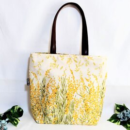 舞うミモザの花 肩掛けトートバック(生成り)