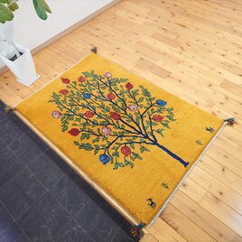 ペルシャ　ギャッベ　マット大　ラグ　122x80cm　黄金色　ザクロの木　ヤギ　生命の木　RJ14878