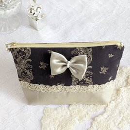 リボンとレースエレガントポーチ（紫×ベージュ）