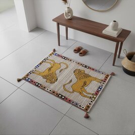 ペルシャ ライオン　ギャッベ　オールドギャッベ　アマレバフト　ラグ　90x63cm　2匹のライオン　RJ12724