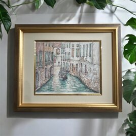 運河を行く(水彩画、原画、額付き、イタリア、ヴェネツィア)