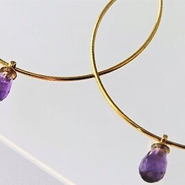【フープピアス】★2月誕生石！アメジスト・ブリオレットカット・真鍮★