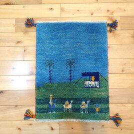 ペルシャ　ギャッベ　玄関マット小　ラグ　58.5x44cm　緑　青　ラクダ　テント　NN20239